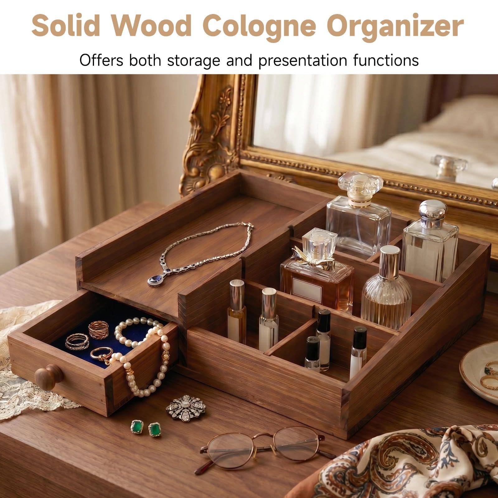 Parfüm Organizer aus Massivholz, verstellbarer Ständer mit 6 Fächern und versteckter Schublade, platzsparendes Tischtablett, eleganter Holz Organizer im Vintage Stil für Bad und Waschtisch