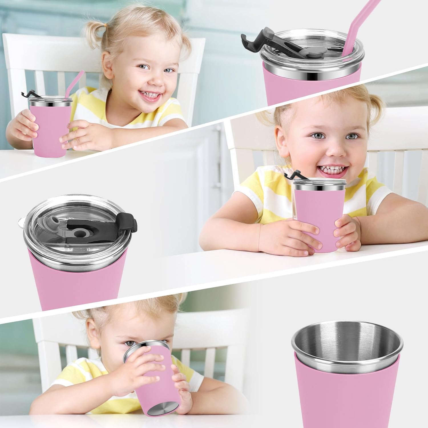 Kids Cups with Straws and Lids, 5 Pack 12oz Spill Proof Toddlers Straw Cup with Lid, Stainless Steel Kids Cups with Lids for School, Outdoor, Multicolor