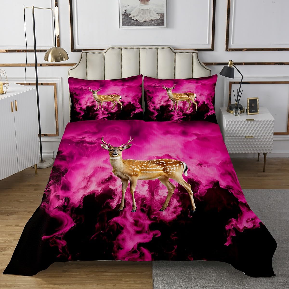 Homewish Deer Animal Coverlet Set Queen Size,Rustic Farmhouse Wildlife Durable Bedspread for Girls Teens,Pink Fire Flame Smoke Black Soft Polyester Quilt Set, with 2 Pillowcases