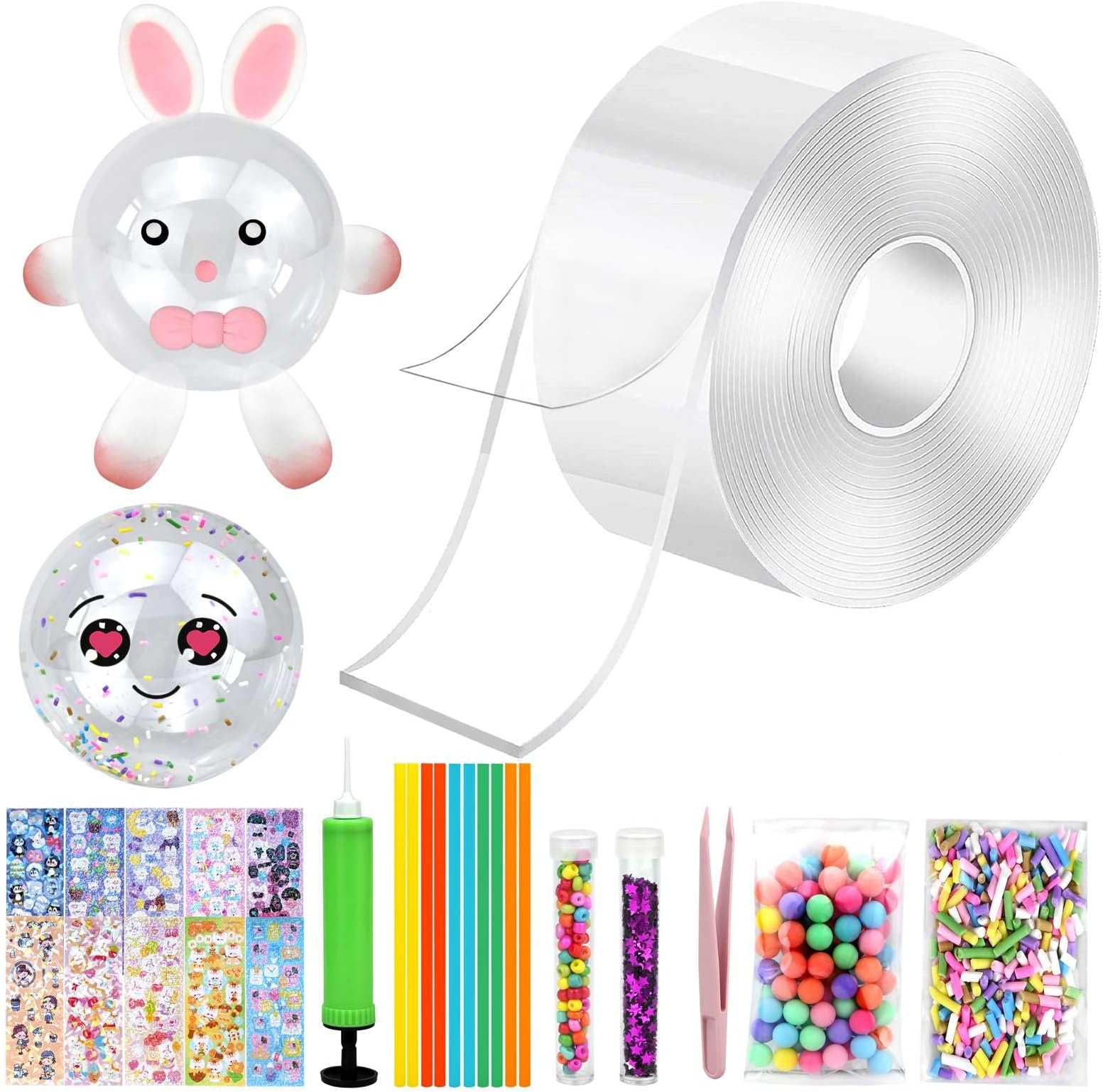 COLEGRYNano Tape Bubble Kit, Bubble Balloon Tape Fidget Toy, Double Sided Super Elastic Blowing Handmade DIY Craft, Party Favors for Kids 3 4 5 6 7 8 Year Old, Girl Boy Toys Gifts (White)