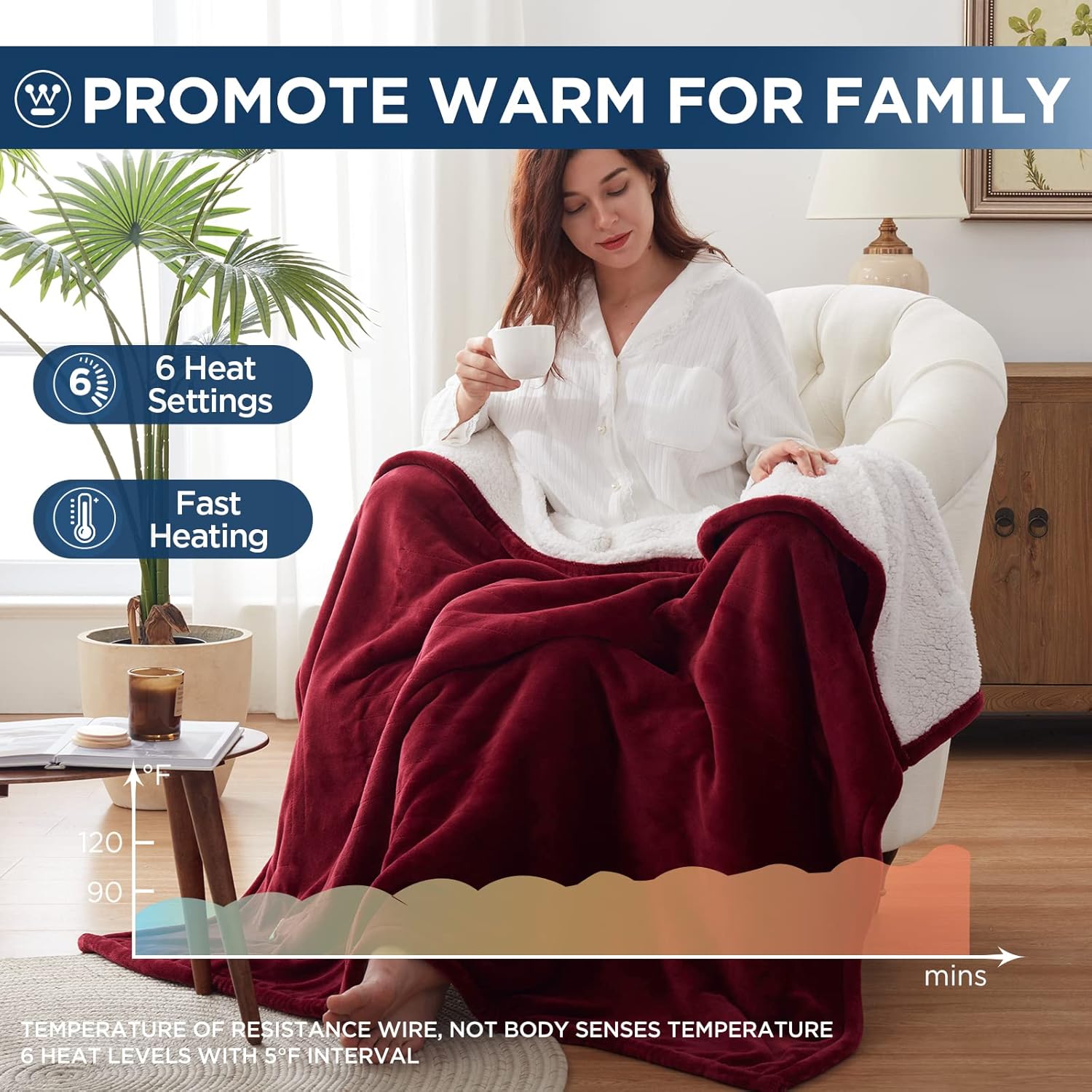 Westinghouse Heated Throw Blanket, Electric Blanket Throw with 6 Heating Levels and 2-10 Hours Time Settings, Flannel to Sherpa Super Cozy Heated Blanket Machine Washable, 50x60 inch, Red - Image 3