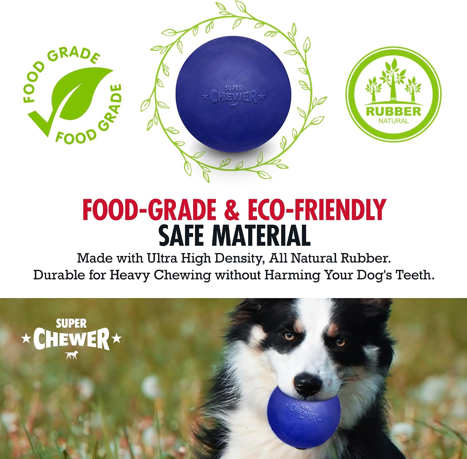 SuperChewer Tough Dog Ball Toy | Lifetime Replacement | Strong Natural Rubber | Great Dog Fetch Toy | Chew Toys for Dogs | Ultra Durable Chew Toys for Aggressive Chewers | Large Breed Tested