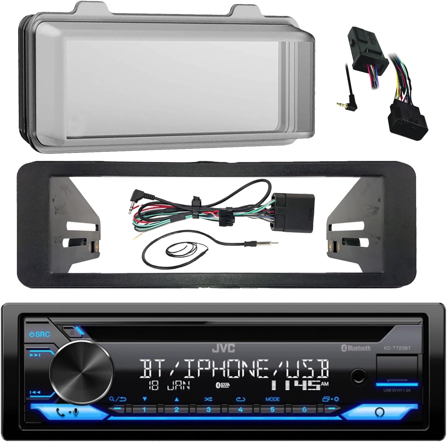 JVC Stereo CD Receiver Marine Radio Bundle, 1998 2013 Harley Davidson Touring Flht Flhx Flhtc, Adapter Dash Kit, Handle Bar Control Module, Weathershield Cover, Enrock Wire Antenna