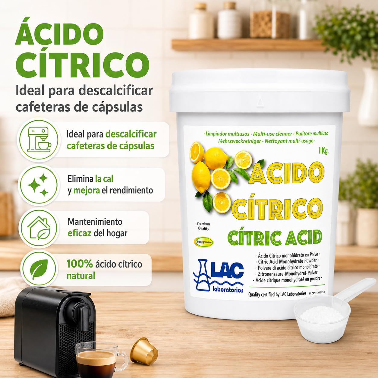 Ácido Cítrico anhidro natural 100% puro 1 kg laboratorios LAC