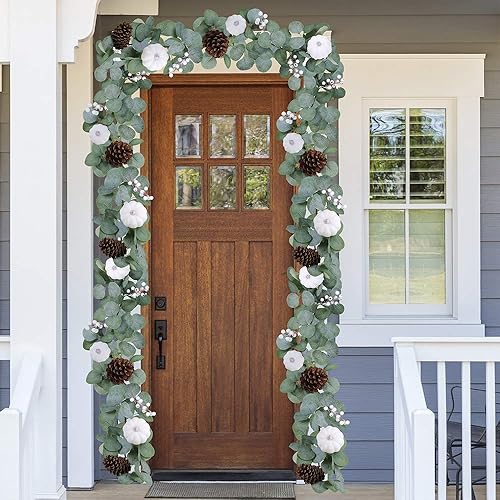 Miniatura 8 de Winlyn White Pumpkin Garland Artificial Eucalyptus with White Pumpkins Pinecones Berries Fall Foliage for Wedding Arch Backdrop Thanksgiving Table