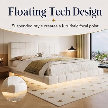 King Size Floating Bed Frame with Lights, Boucle Upholstered Platform Bed Frame with Headboard, Modern Floating Bed, No Box Spring Needed, 800 lb Capacity, White