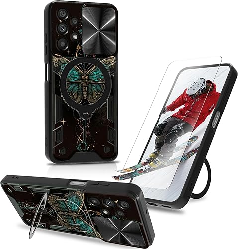 Funda con función atril para Samsung Galaxy A53 5G con protector de pantalla, cubierta de cámara deslizante incorporada con soporte de anillo