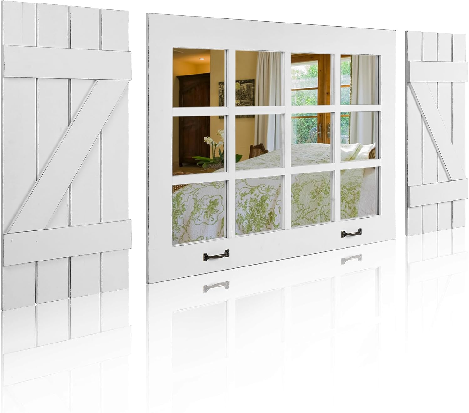 Besuerte Window Pane Mirror Wall Decor, Heavy Duty Windowpane with Two Z-Style Shutters & 12 Panes Real Glass Mirror, Large Decorative Mirror for Living Room, Dining Room, Rustic White