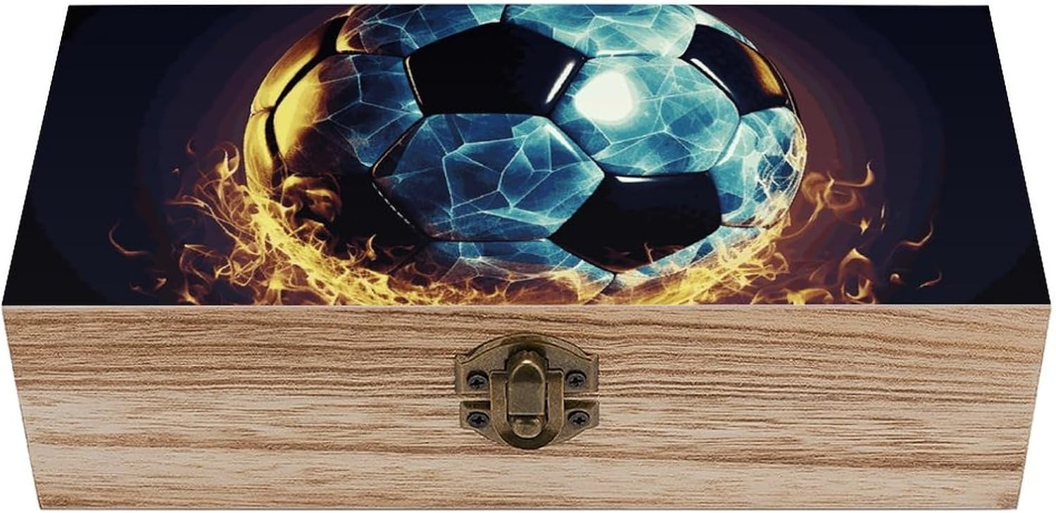 Storage Box Wooden Decorative Box Keepsake Boxes with Hinged Lock Cool Soccer Ball Storage Bins Jewelry Storage Chest Storage Container for Organize Keepsake Gift