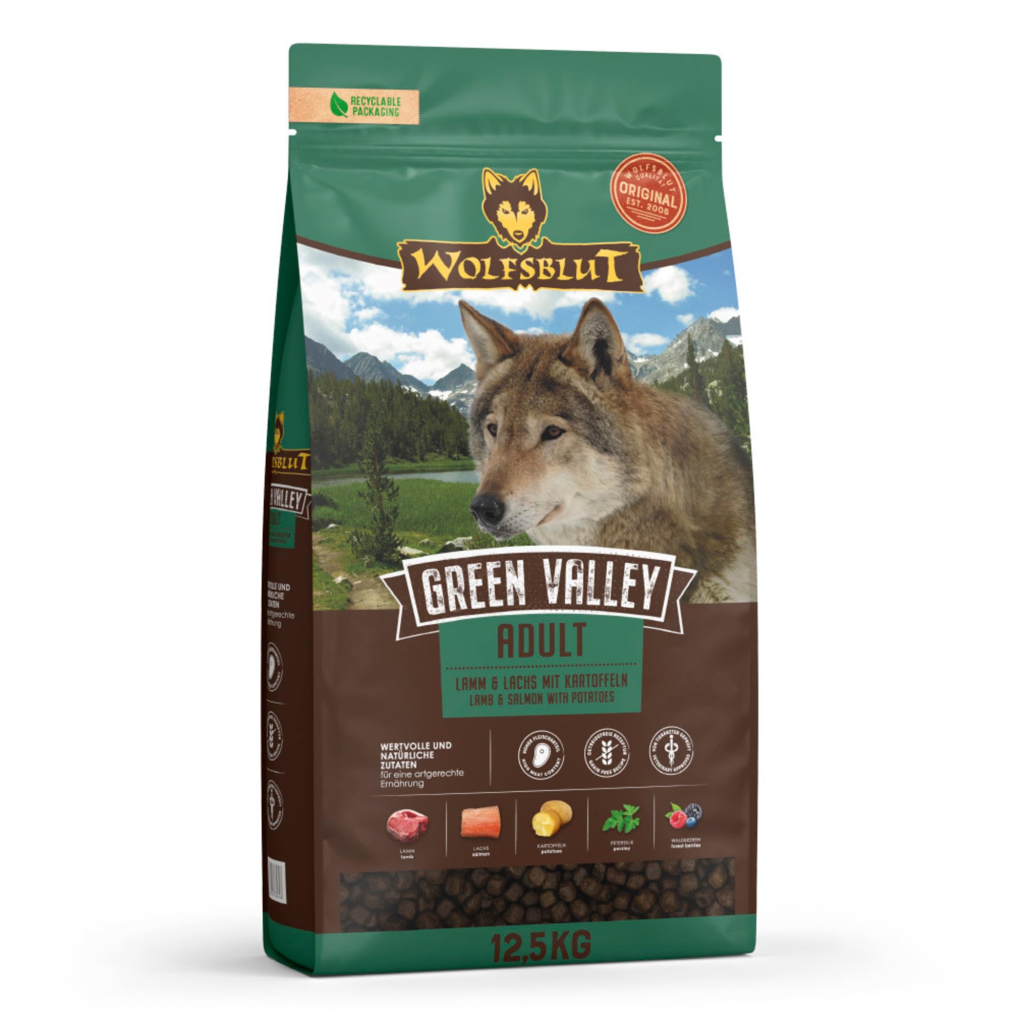 WOLFSBLUT – Green Valley Adult | Trockenfutter mit natürlichen Zutaten und Superfoods für ausgewachsene Hunde. Getreidefreies Alleinfutter ohne Zusatzstoffe im Beutel | 12,5kg Lamm und Lachs