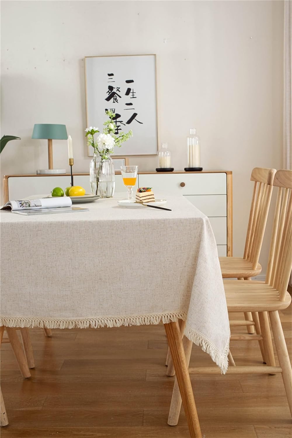 Rectangular Banquet Tablecloth 55 W x 98 L,Bedside Table Cloth Beige Solid Color with Tassels Cotton Tablecloth for Wedding