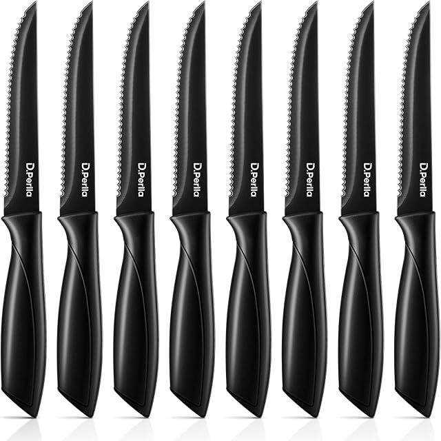 D.Perlla Steak Knives Set of 8, Black Steak Knife Set, Serrated Steak Knives, Premium Stainless Steel Kitchen Steak Knife Set, Table Dinner Knife with Gift Box