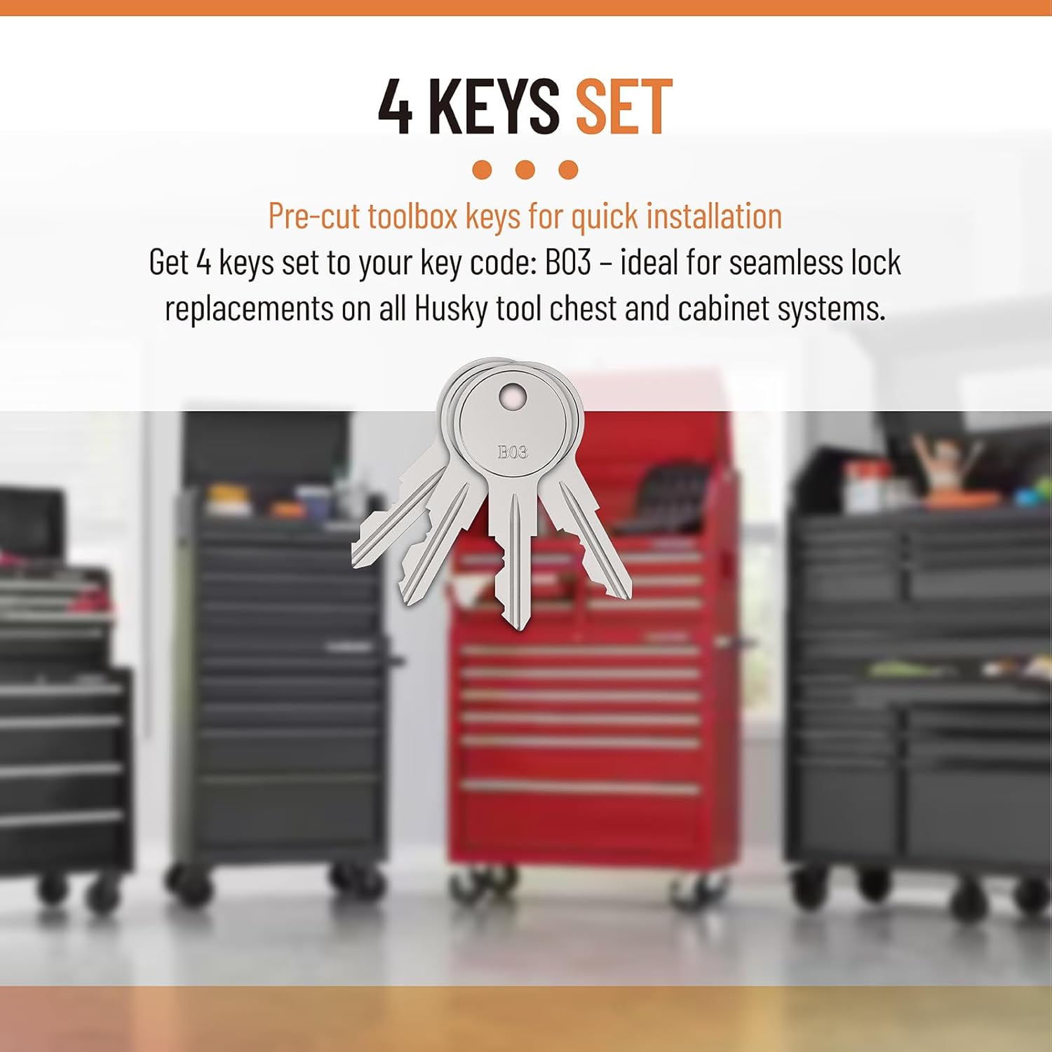 B03 Replacement Keys 4 Pack for Husky & Dewalt Tool Box Lock - Pre-Cut for Tool Chest, Cabinet, Truck Toolbox​​