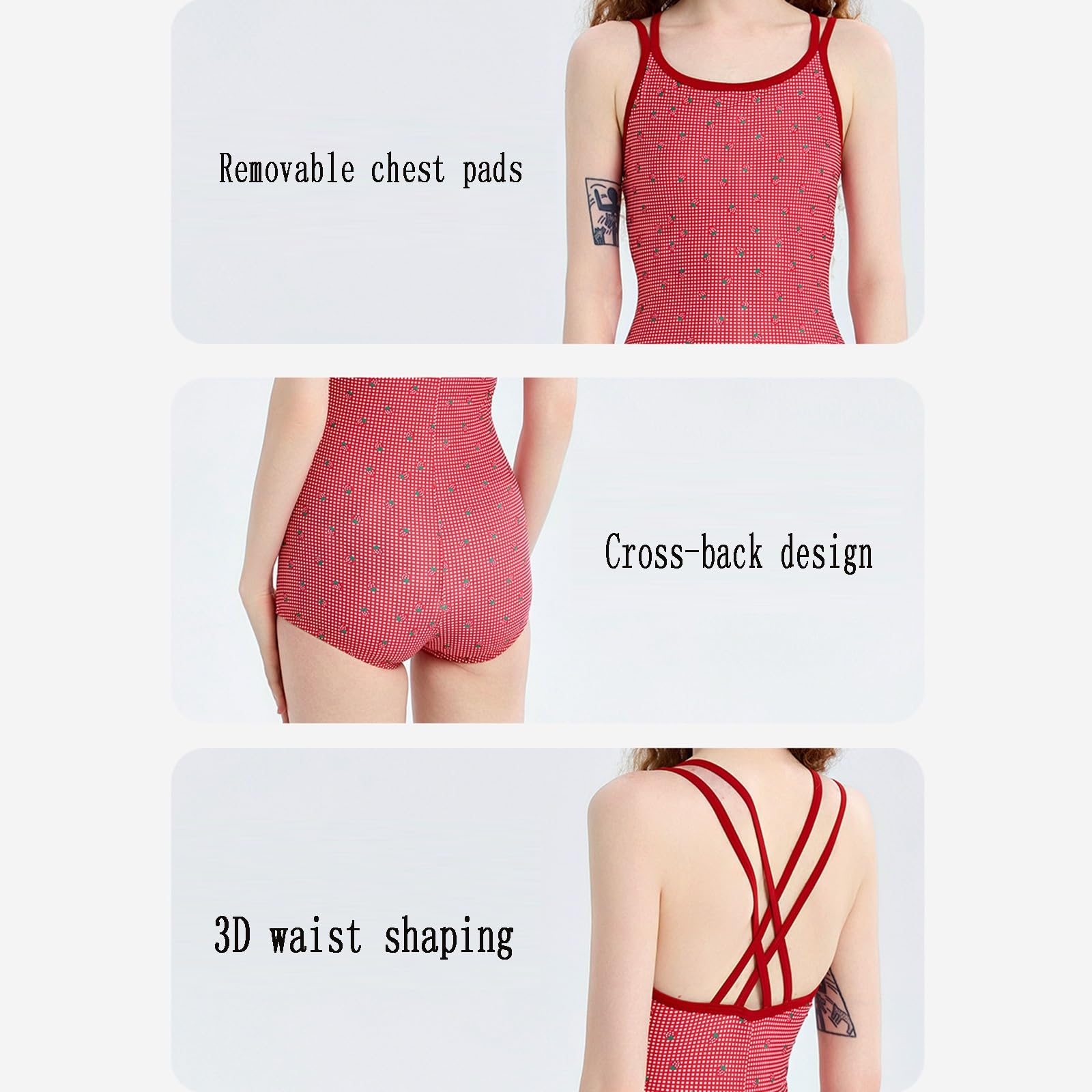 Costume da Bagno Intero A Quadretti Rossi, con Stampa A Fragole, Spalline Incrociate sulla Schiena, Imbottiture Removibili sul Seno, per Le Vacanze al Mare e in Piscina
