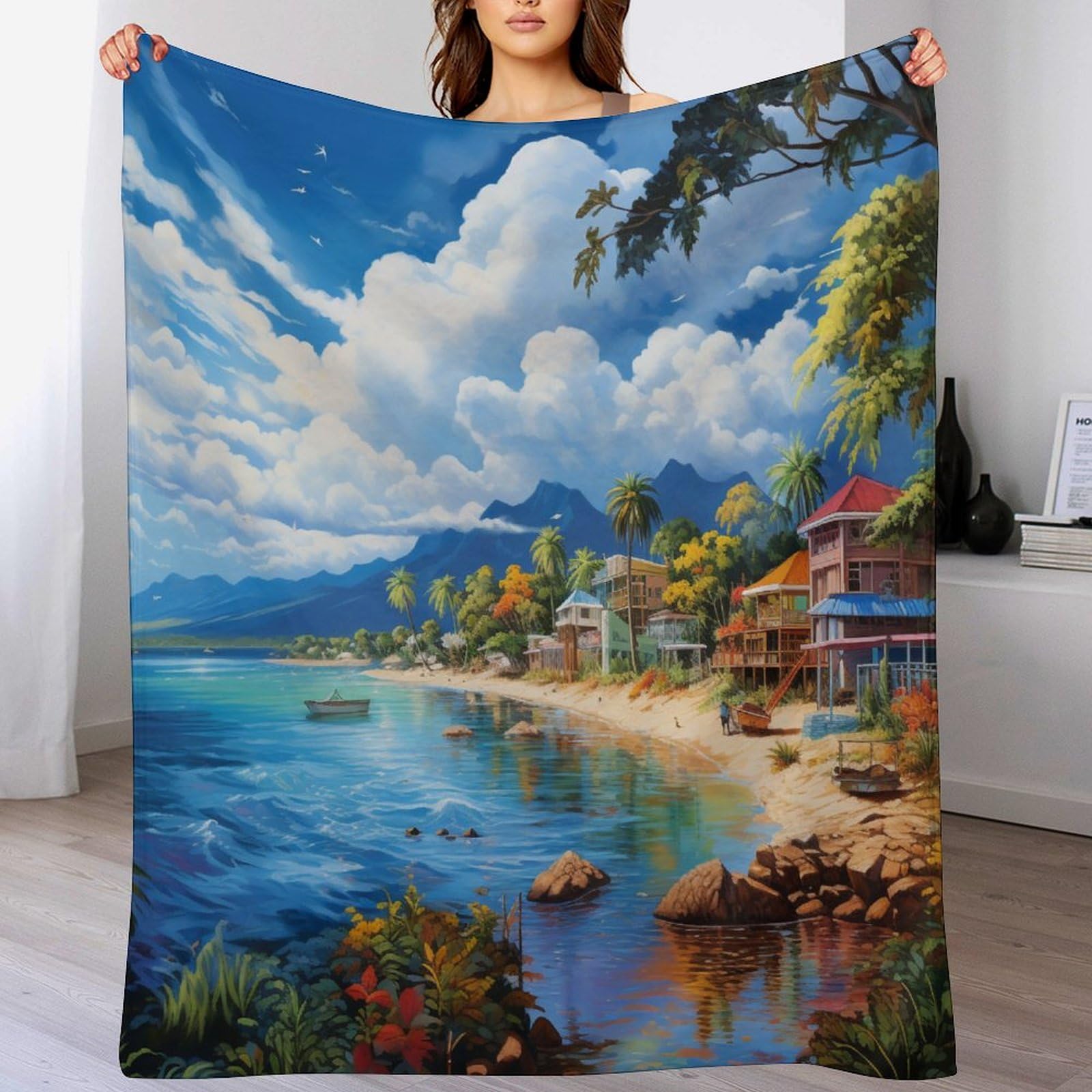 Couverture de canapé motif baie de vacances en flanelle 3D pour réchauffer vos soirées d'hiver