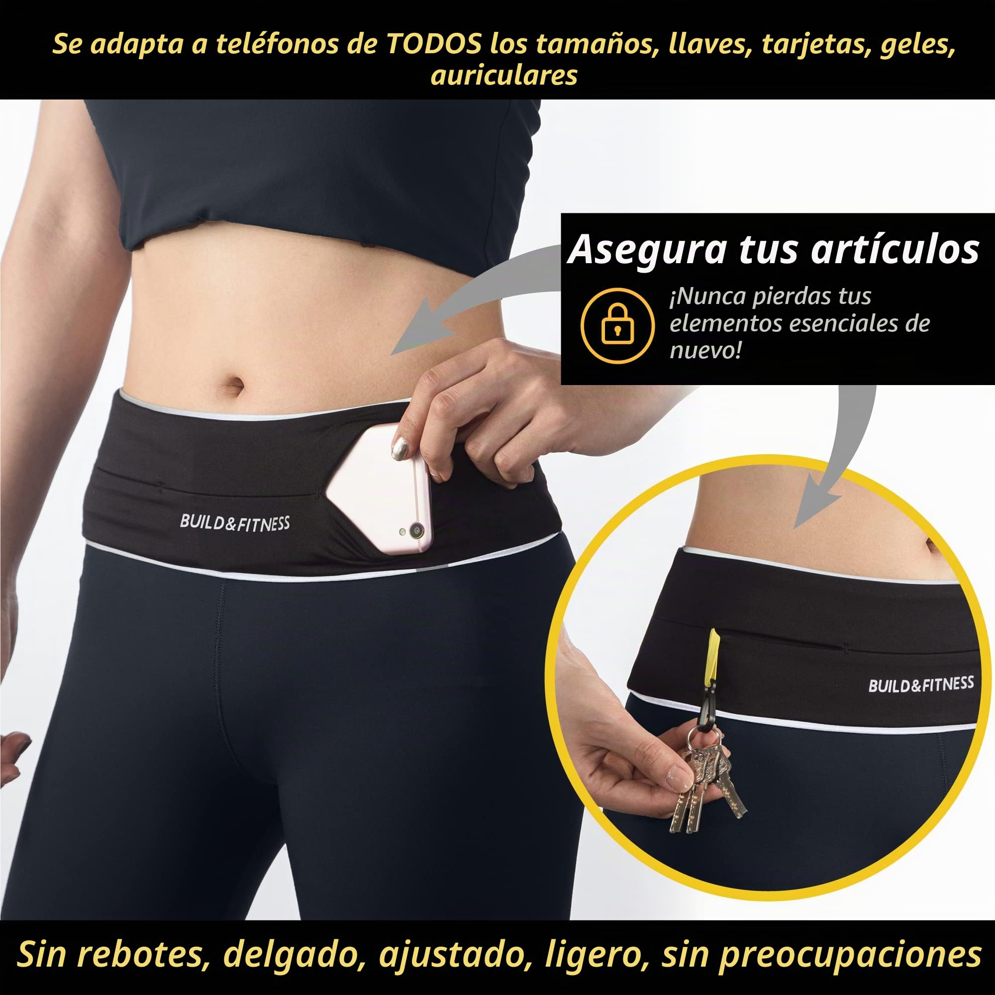 Cinturón para Correr Build & Fitness, riñonera con Clip Interno para Llaves y Soporte para teléfono para Hombre y Mujer. Ligero, Delgado y cómodo, Compatible con Todos los Samsung y iPhone