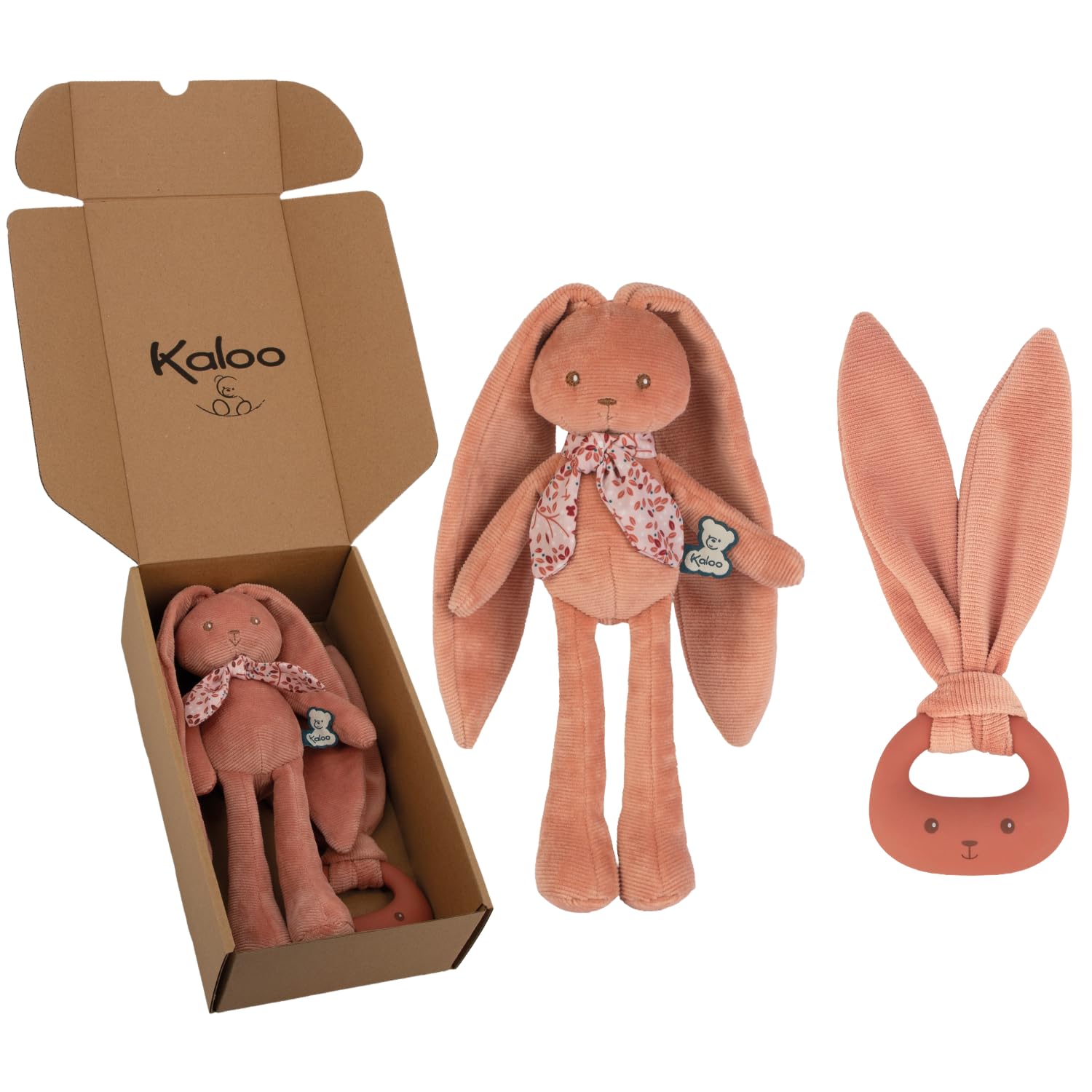 Kaloo - Baby Gift Set - 2 Pieces : Rabbit Puffin 25 cm + Silicone Teething Ring - Lapinoo - Terracotta Colour - from Birth - K390040
