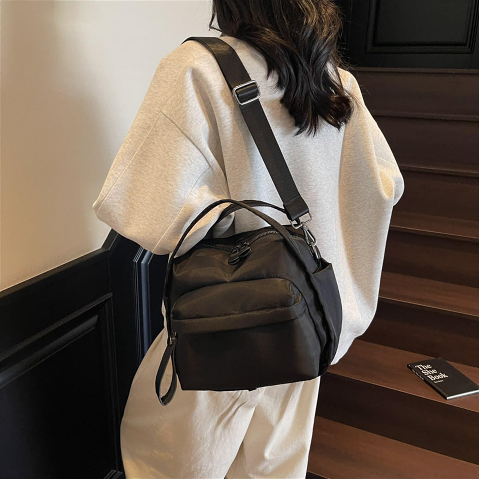 Borsa A Tracolla da Donna in Tessuto Oxford, Semplice, Leggera, Casual Ed Elegante-Nero