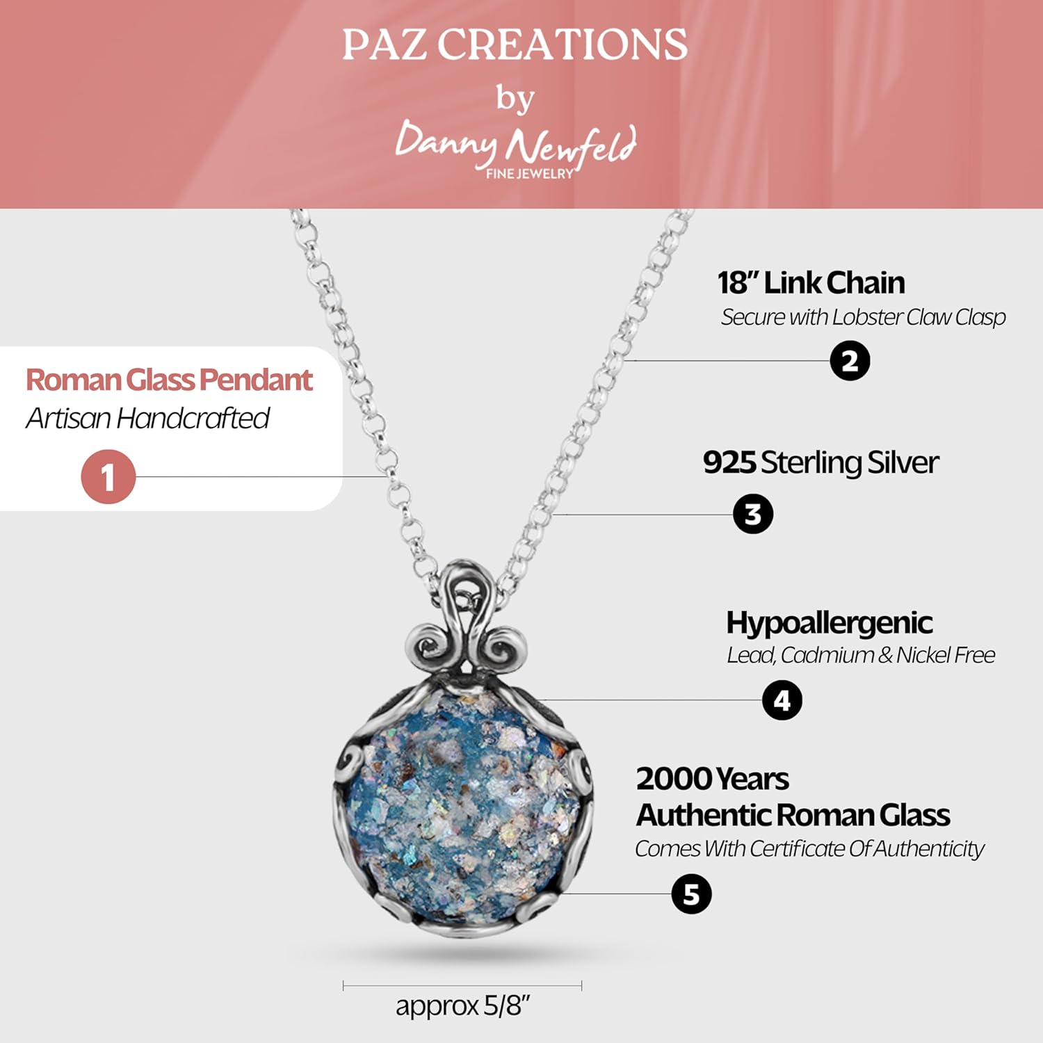 PZ Paz Creations Women's 925 Sterling Silver Roman Glass Patina Pendant - Artisan Handcrafted Natural Organic Necklace, Handmade Jewelry Gift For Her
