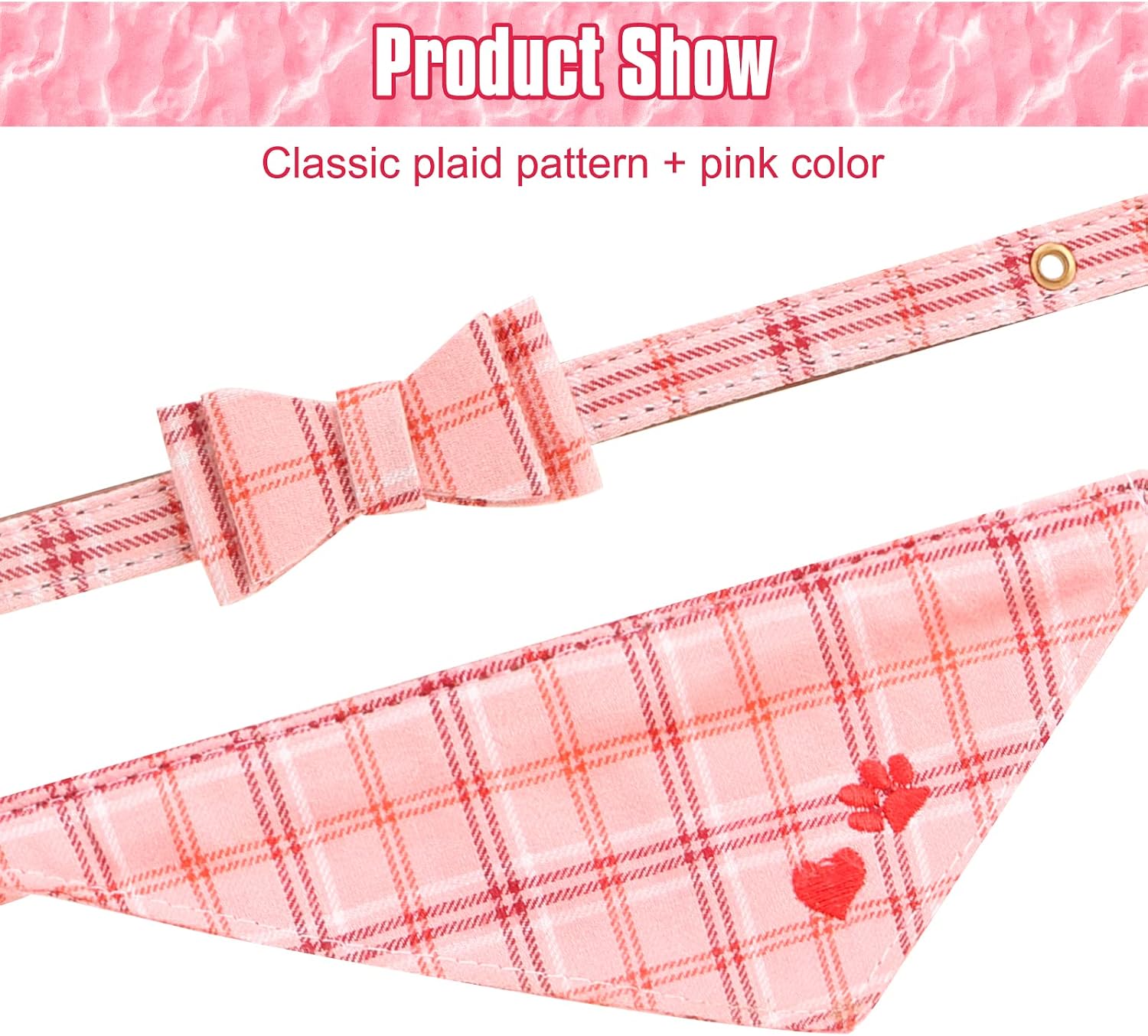 Bow Tie Cat Collar with Bell - 2 Packs Classic Plaid Check Ginham Cat Collars with Bowtie - Adjustable Size with Bell - Perfect for Cats Puppy Small Dogs Pink Heart