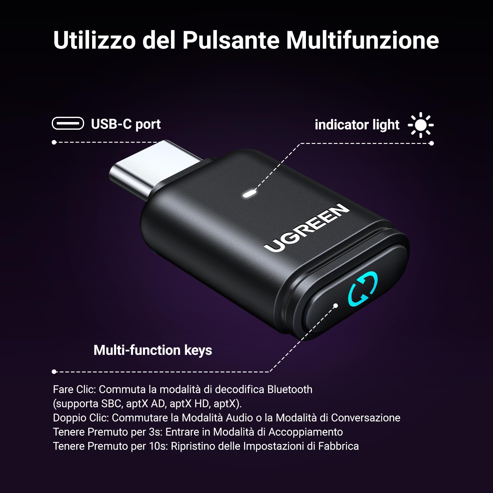 UGREEN USB C Trasmettitore Bluetooth 5.3 Adattatore Audio aptX AD HQ Adaptive HD Bassa Latenza Type C per Switch 2/Switch PS4 PS5 Pro Console di Gioco PC Mac Plug Play