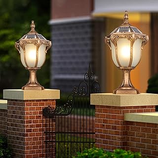 SLAWA 2 Packs Solar Pillar Lamps 18.1In Outdoor Post Caps Light Solar Power Post Lighting Bronze Column Lamps with Glass Waterproof Landscape Lighting Fence Deck Bollard Light Mailbox Yard Path Lamp