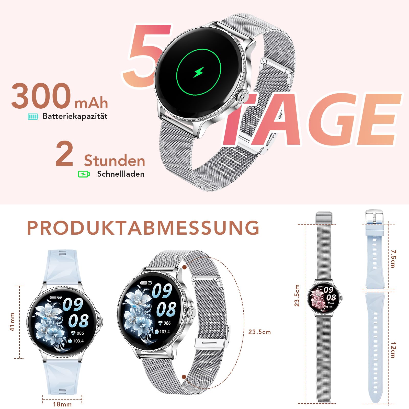 CIVO Smartwatch Damen Rund Silber 41mm: Fitness Tracker Demenuhr Schrittzähler Wasserdicht - Bluetooth-Anrufe Smart Watch für iOS Android Blau