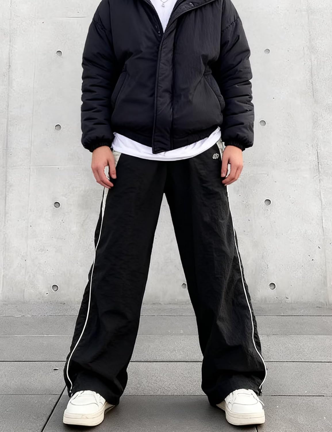 FCOOLYEET Mens Straight Leg Sweatpants Y2k Baggy Track Pants Drawstring Striped Sweatpants Cool Parachute Pants Streetwear