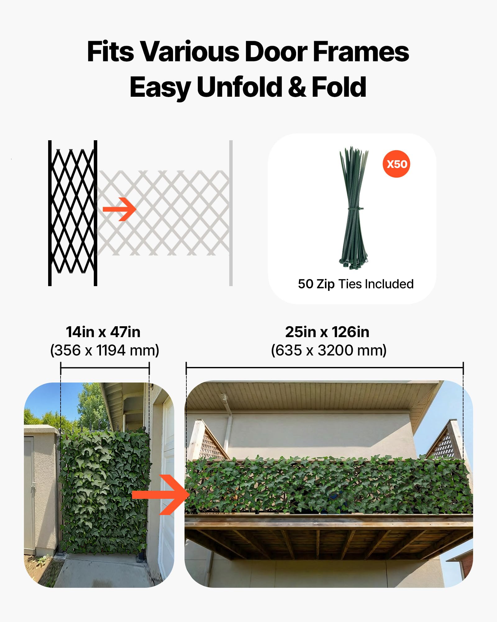 VEVOR Seto Artificial 63,5 x 320 cm 1 Unidad, Valla Decorativa de Hiedra Artificial, Malla de Hojas Verdes, con 50 Bridas de Plástico, Pantalla de Privacidad para Jardín Balcón Ático Terraza Piscina