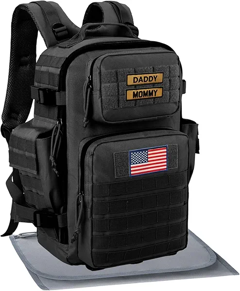 SHARKMOUTH Diaper Bag Military for Men - Large Baby Backpack with Changing Pad for Active Dad - Insulated for Outdoor Travel Camping Park Trips Black