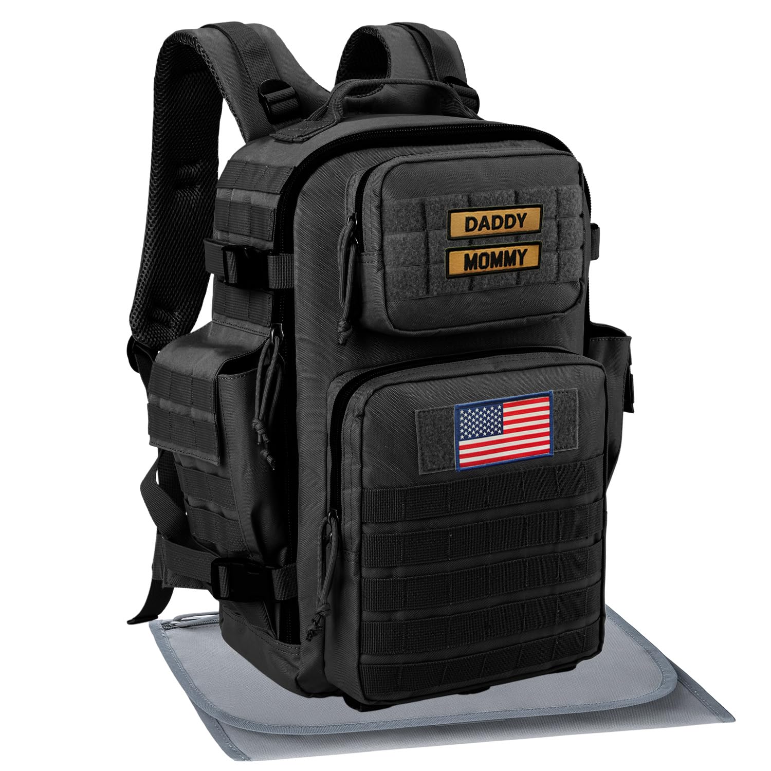 SHARKMOUTH Diaper Bag with Changing Pad - Large Military Daddy Gear Backpack for Hiking Travel Camping, Black, Modern