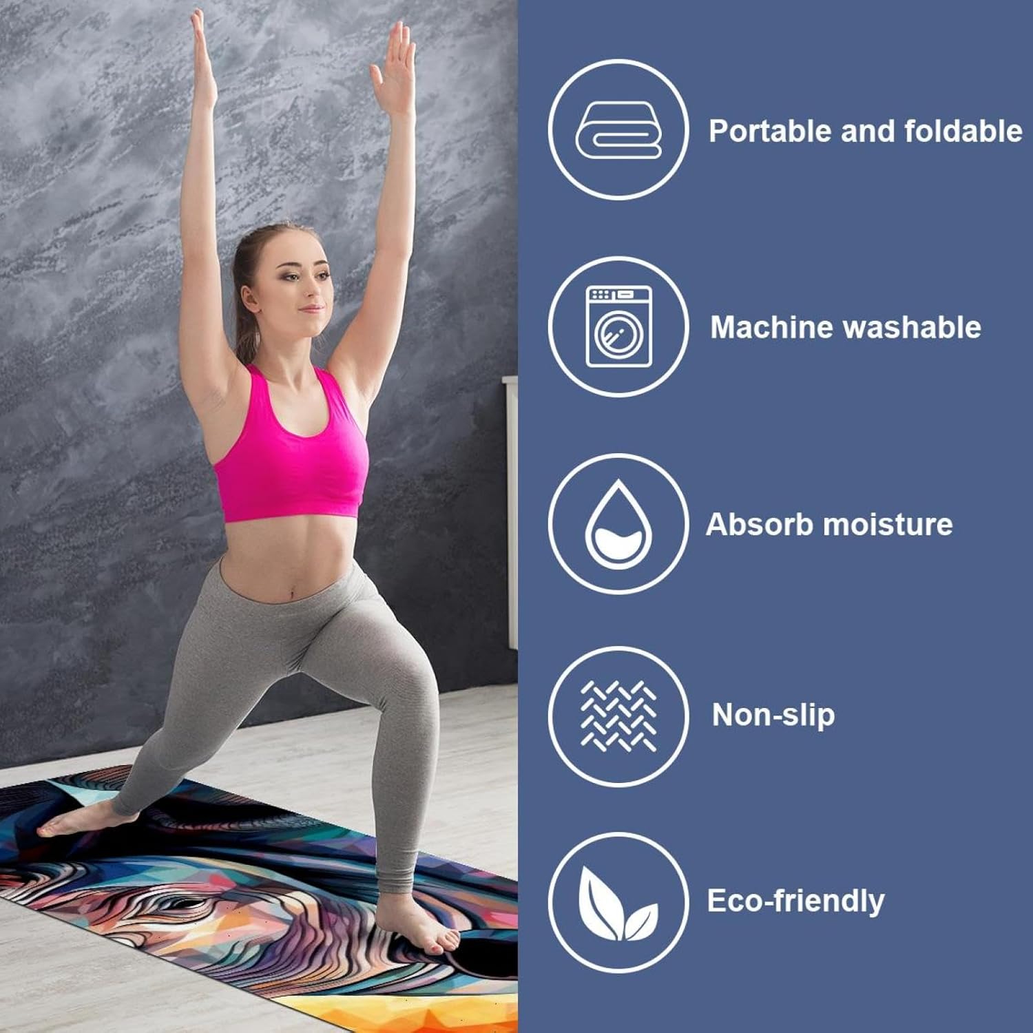 Yoga Towel, Rhino Animal Print Non Slip Sweat Absorbent Hot Yoga Mat Towel for Hot Yoga, Pilates and Fitness - 72.8" x 26.8"