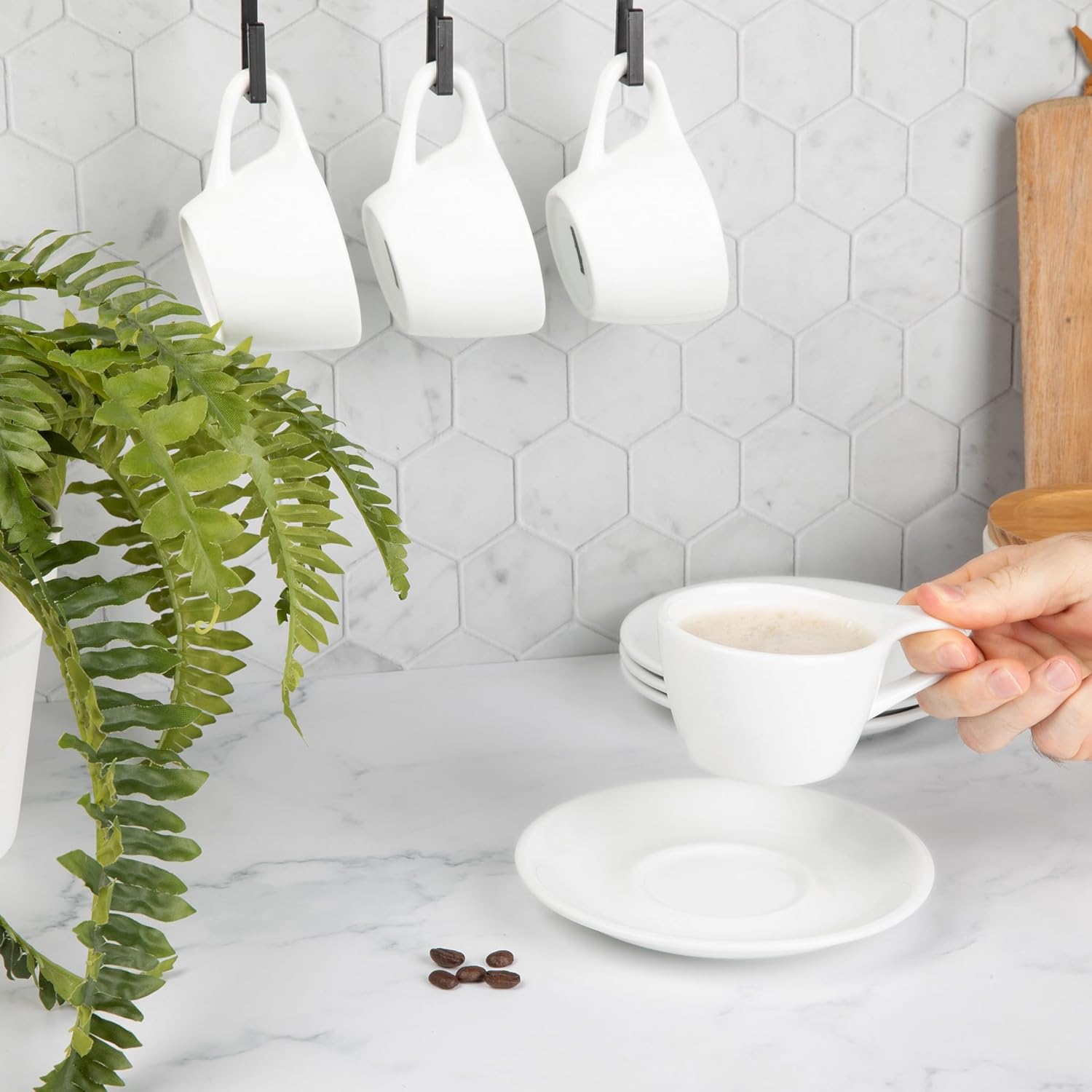 ANGELENO 5oz Porcelain Ceramic Cappuccino Cups with Saucers, Cappuccino Cups Set of 4, Gloss White (4-Pack)