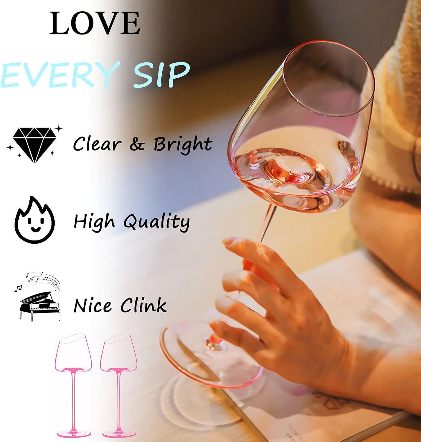 Red Wine Glasses Set of 2,Pink Crystal Wine Glass,Lead-Free Goblet,Unique Gifts for Christmas Women,Birthday,Wedding,Anniversary,Valentine's Day(18oz, Pink)