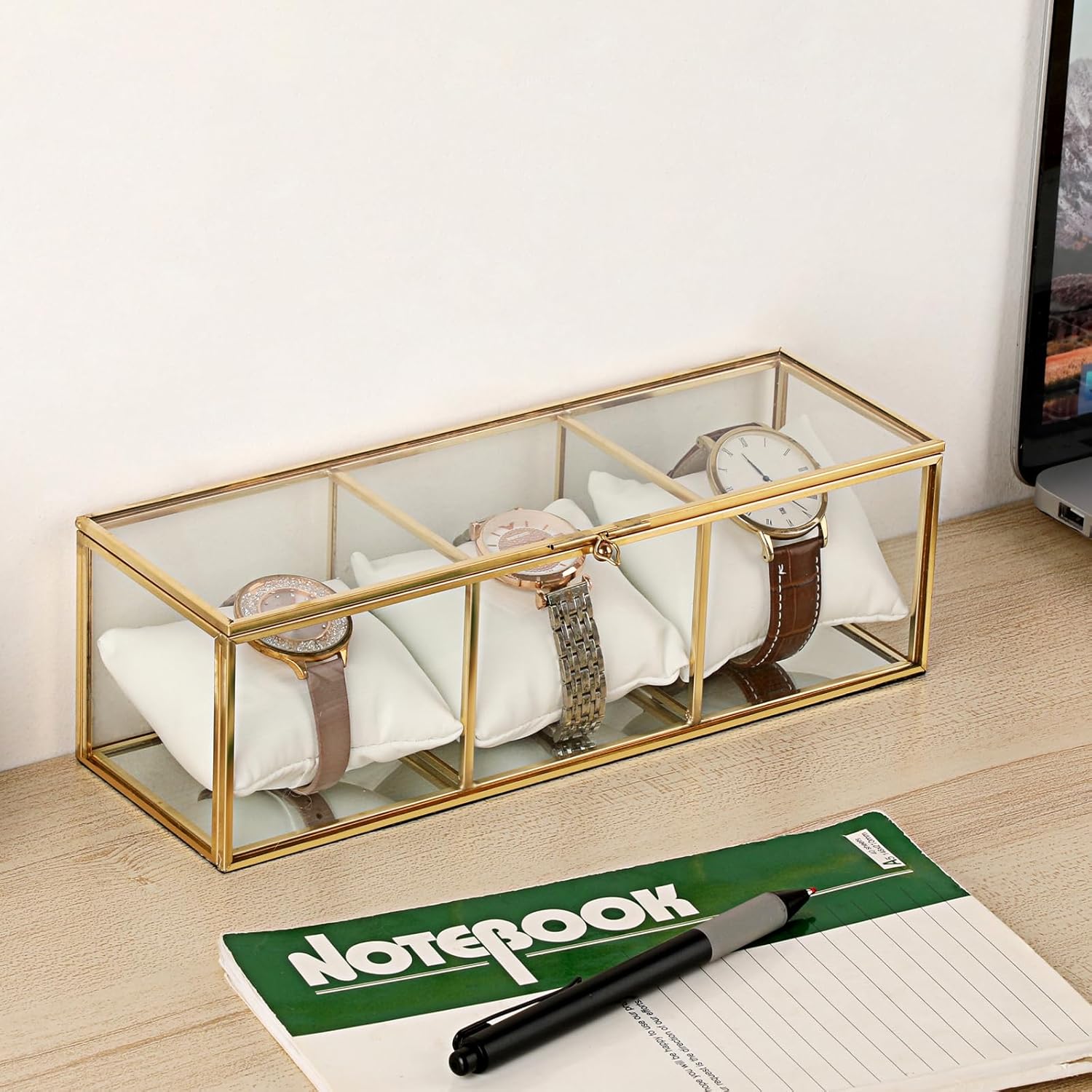 JUXYES Clear Glass Watch Display Case with 3 Slots, Luxury Brass Glass Watch Organizer Holder Stand with White Watch Pillow, Modern Transparent Watch Collection Box for Men and Women, Gold