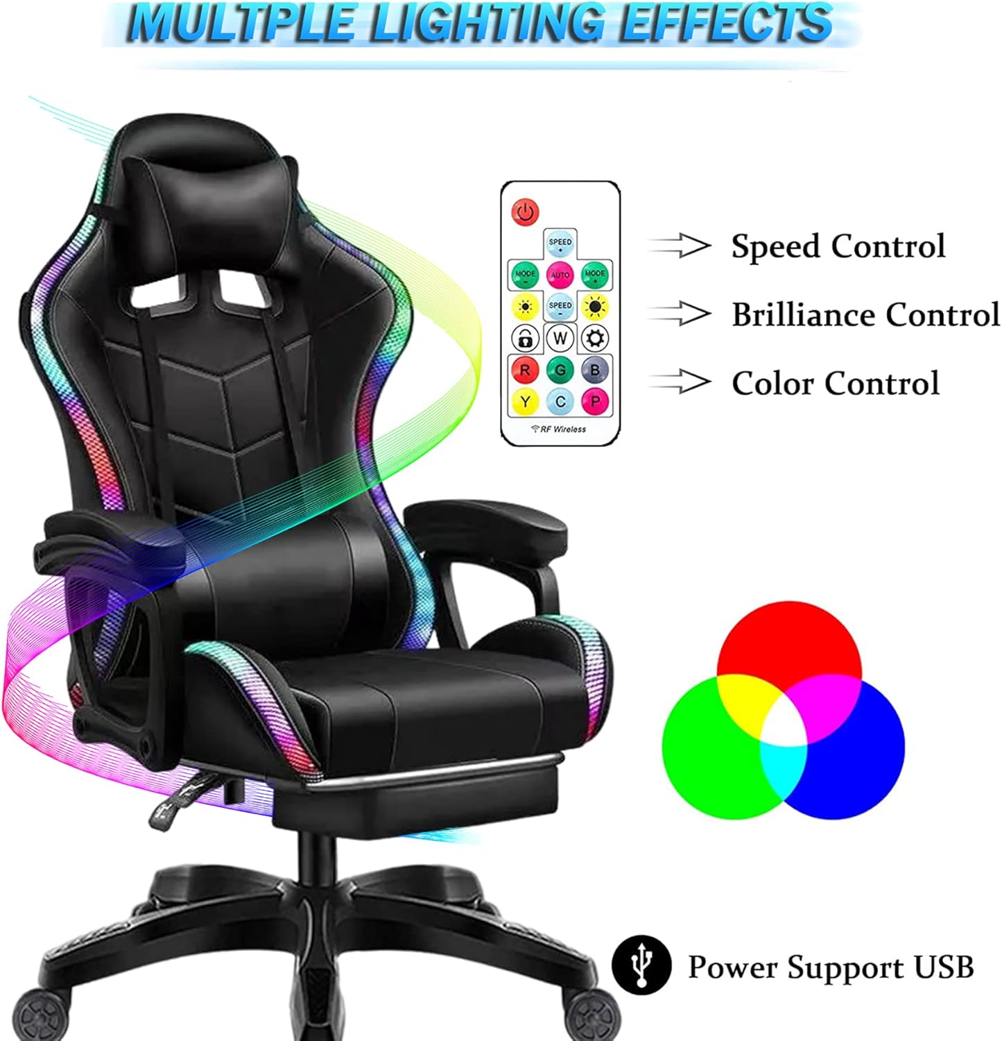 RGB Gaming Chair with Speakers and LED Light, Ergonomic 7 Points Massage Video Game Chair, High Back Recliner Chair, PU Leather Computer Chair with Headrest & Lumbar Support,White