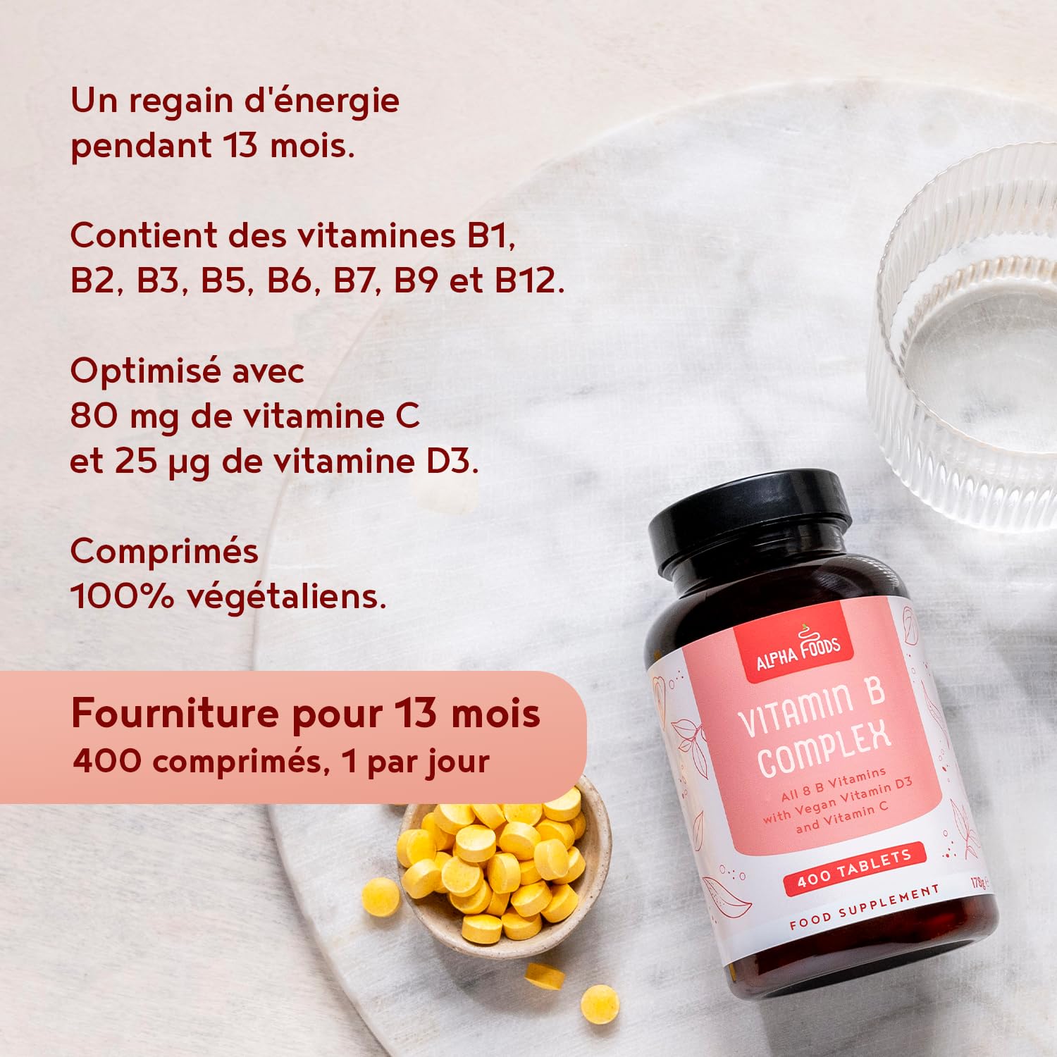 Vitamine B Complex | 400 Comprimés Végétaliens (+ 1 An) | 8 B Vitamines (B1, B2, B3, B5, B6, B12, Biotine, Acide Folique) avec Vit C & D3 | Énergie, Métabolisme & Système Nerveux (EFSA) | Alpha Foods