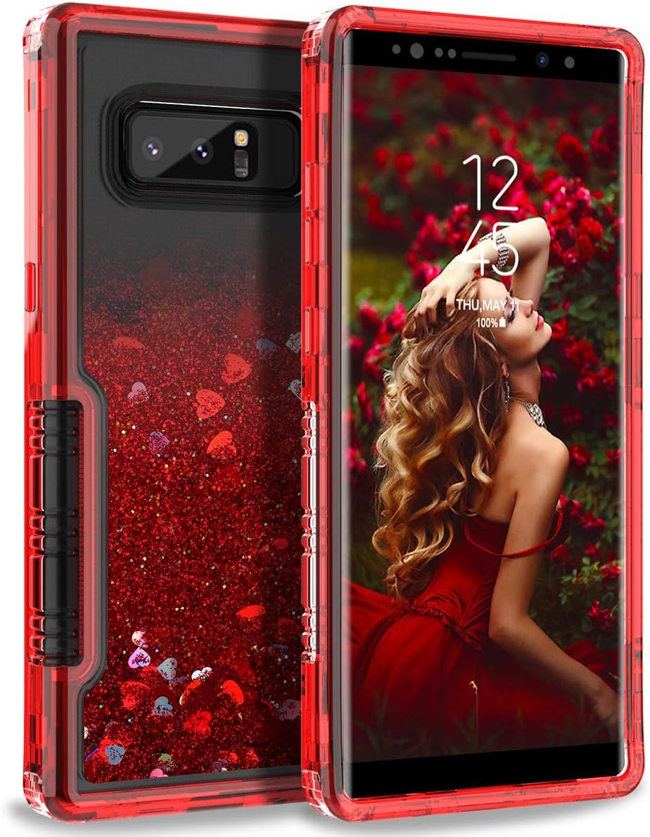 for Samsung Galaxy Note 9,YCXBOX Floating Glitter Bling Moving Liquid Quicksand Hard Clear Transparent Dual Layer Full Protection Bumper Hybrid Shockproof Case Cover (Red)