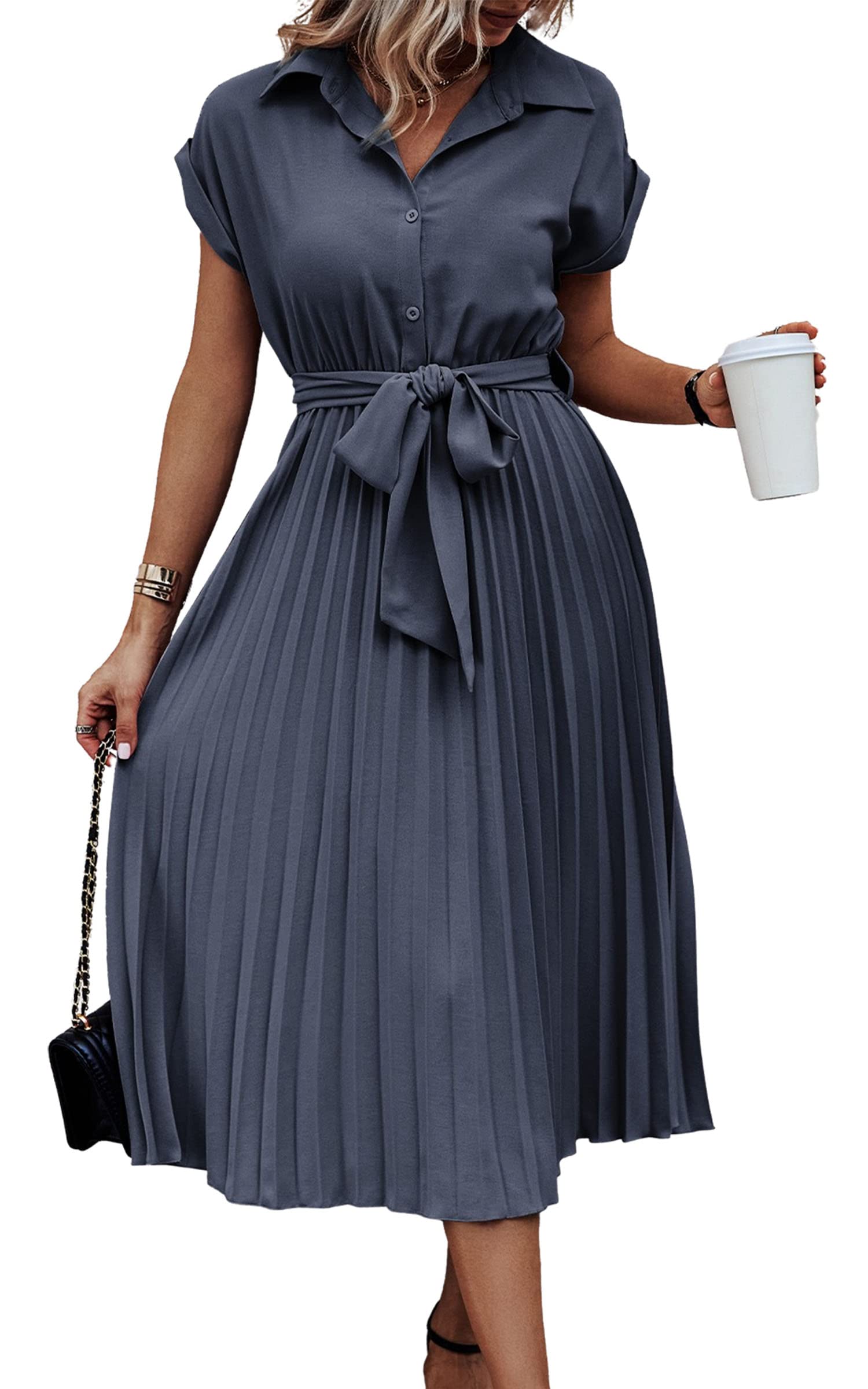 ASOMI Sommerkleid Damen Hemdkleid Kurzarm: Elegant Kurzarm Strandkleid Büro Wickelkleid Mode Hemdblusenkleid Lässig Blusenkleid Midikleid Knopf Plisseekleid V-Ausschnitt Gürtel