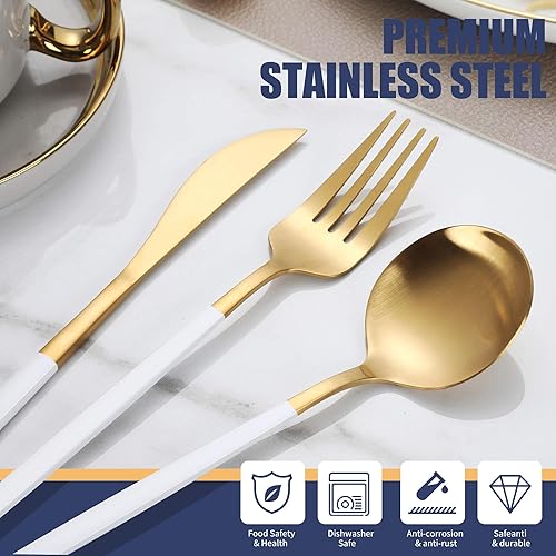Miniatura 4 de Juego de cubiertos de oro blanco mate, juego de cubiertos modernos de acero inoxidable de 30 piezas, juego de cubiertos cepillados, servicio para 6,