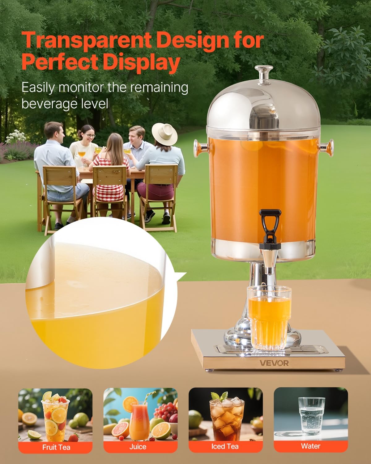 VEVOR beverage dispenser filled with orange juice, with a glass being filled