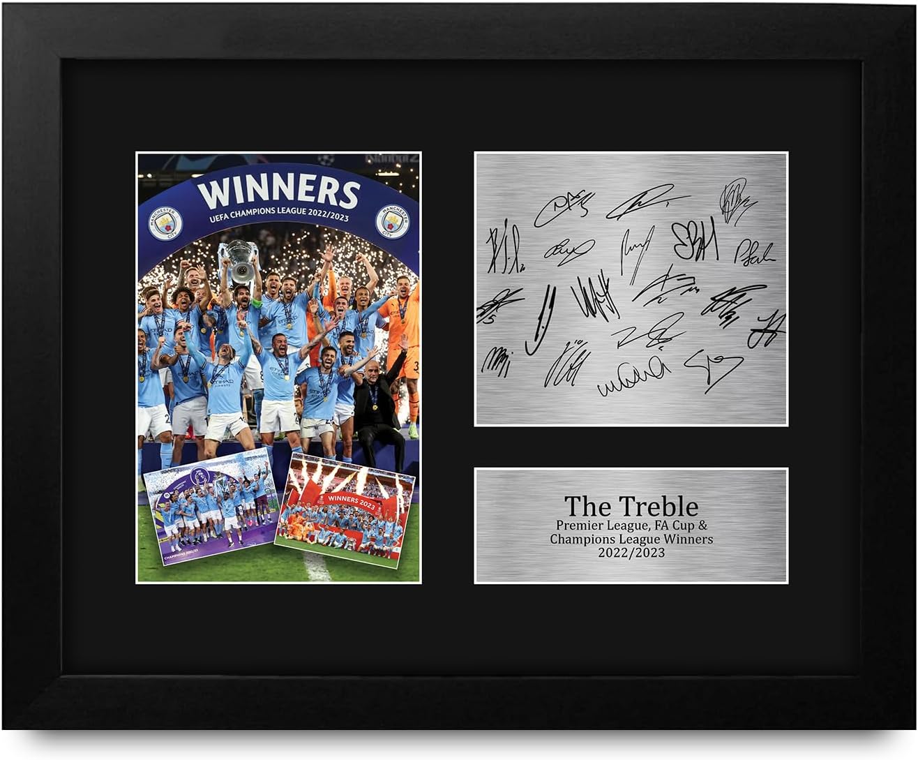 HWC Trading Manchester City 2022-2023 Treble Winners Framed Printed Memorabilia Signed Autograph Photograph Display for Soccer Fans and Supporters - US Letter Size