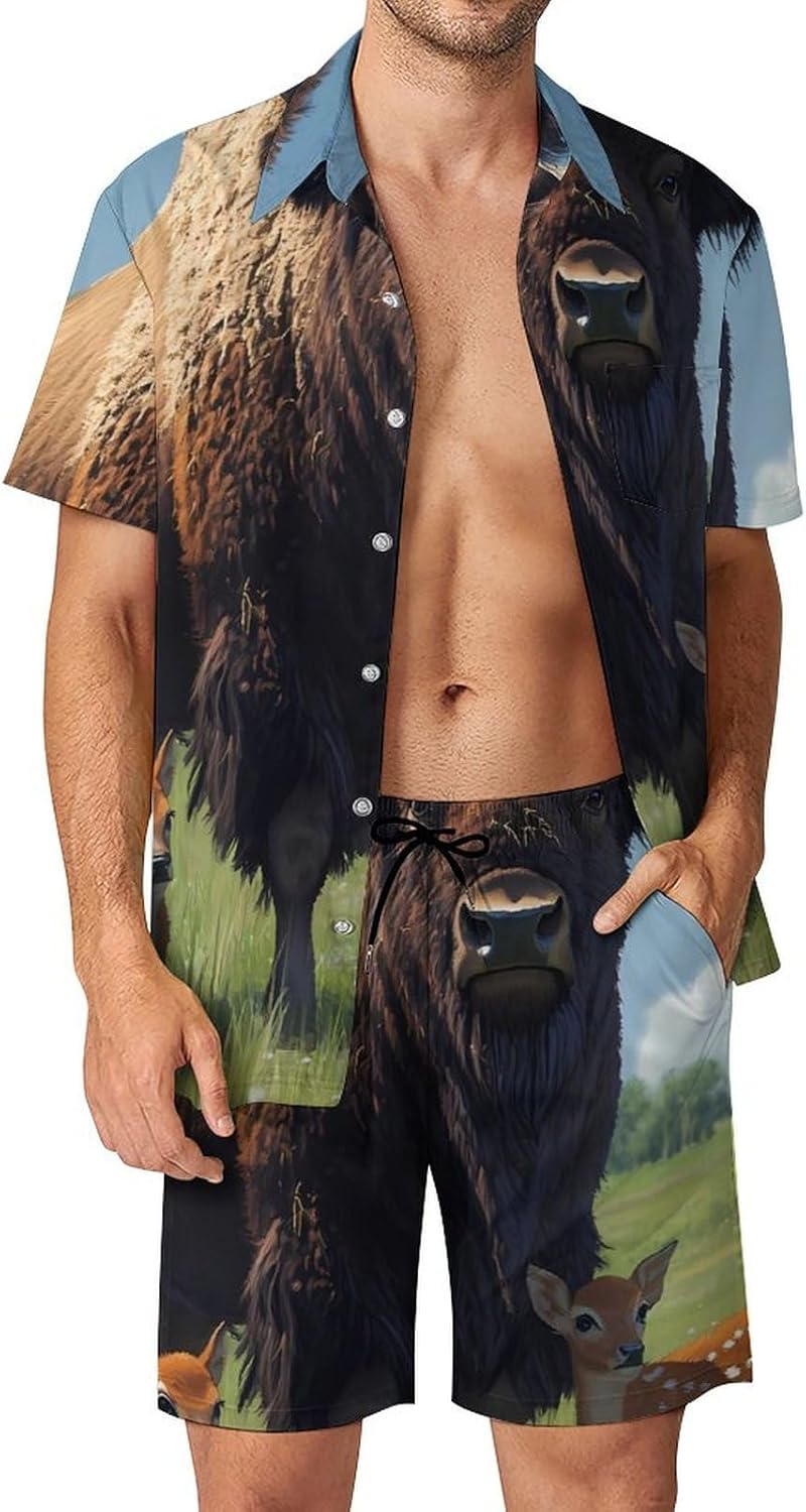 Bison And Deers Men's Summer Beach Outfits Shirt And Shorts Set 2 Piece Vacation Swimwear
