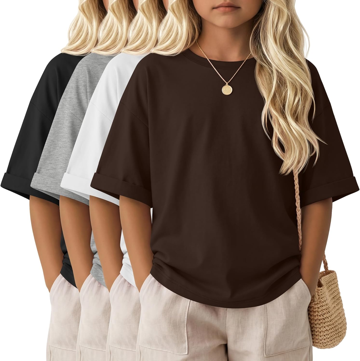 4 Pack Girls' Oversized T-Shirts Rolled Short Sleeve Shirts Loose Fit Crew Neck Tops Casual Basic 5-14 Years Tees