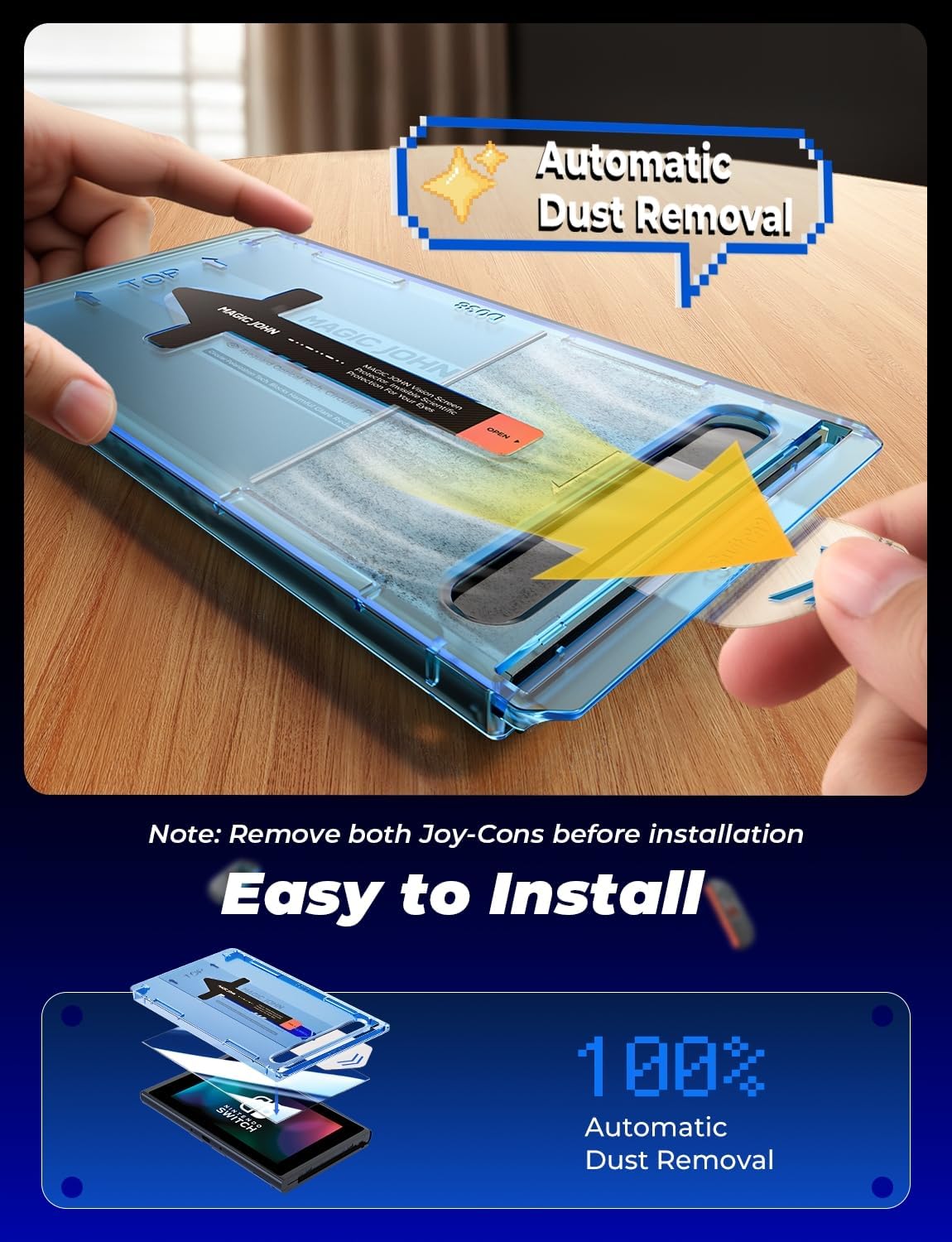 MAGIC JOHN 2-Pack Screen Protector for Nintendo Switch (2017, 6.2") Eye Protection, Blue Light Blocking, HD Clear, Automatic Dust Removal, 9H Tempered Glass for Nintendo Switch - Image 4