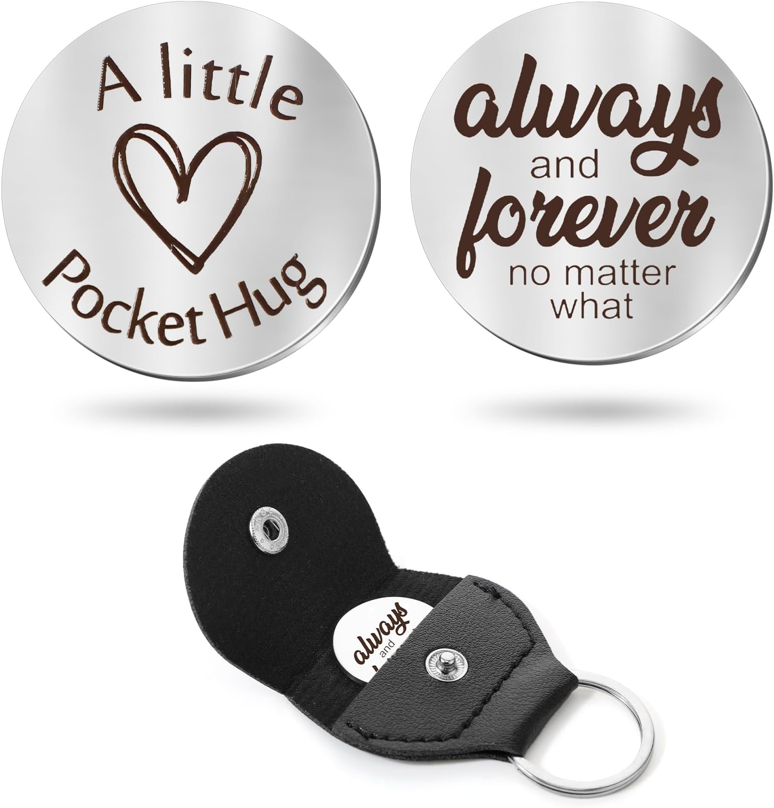 Pocket Hug Token 遠距離恋愛 記念品 ステンレススチール 両面 インスピレーションギフト PUレザーキーホルダー付き, Always and Forever, One Size