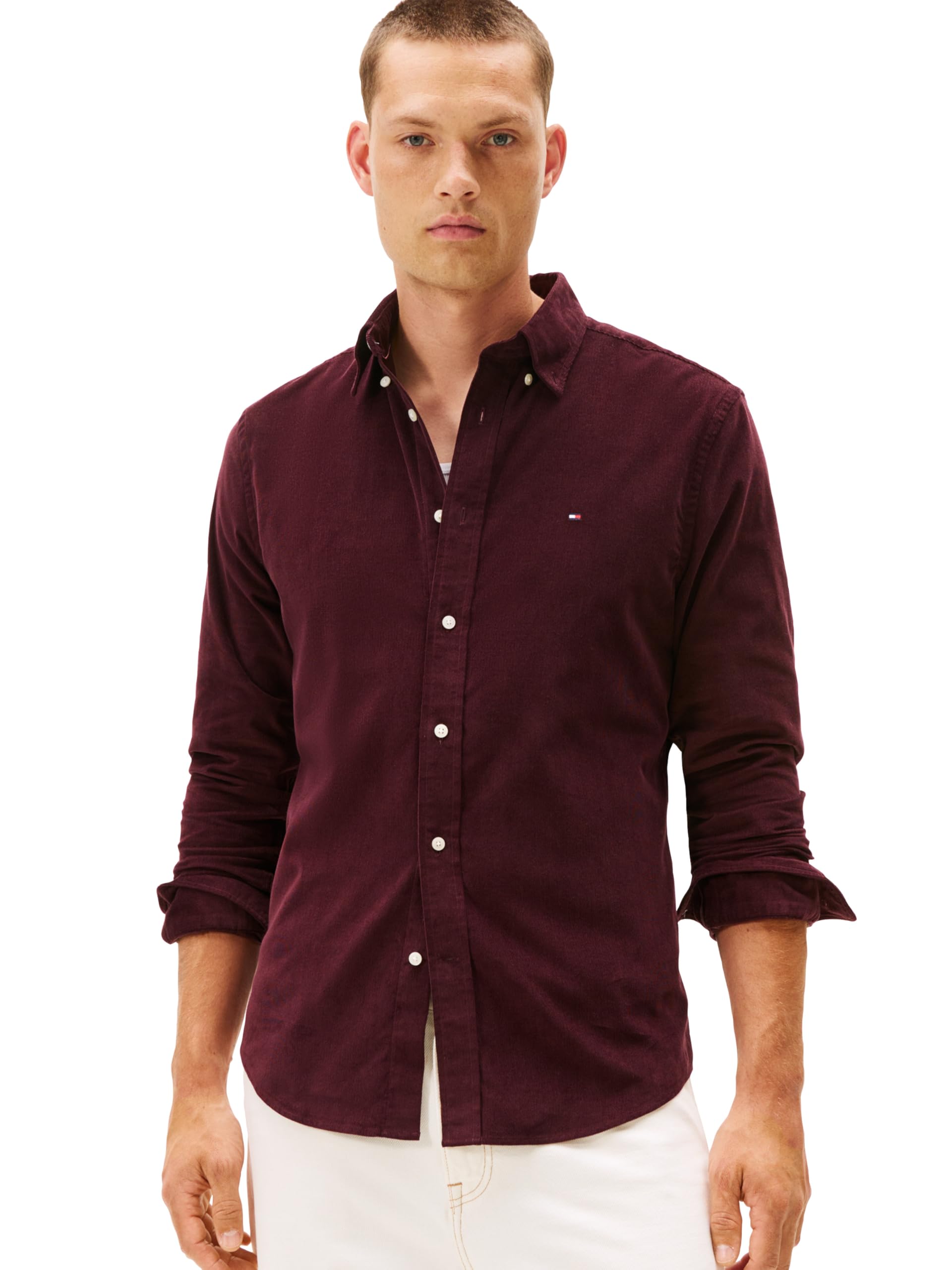 Tommy Hilfiger Men's Deep Burgundy Long Sleeve Corduroy Regular Fit, Button Down Shirt, Xxl