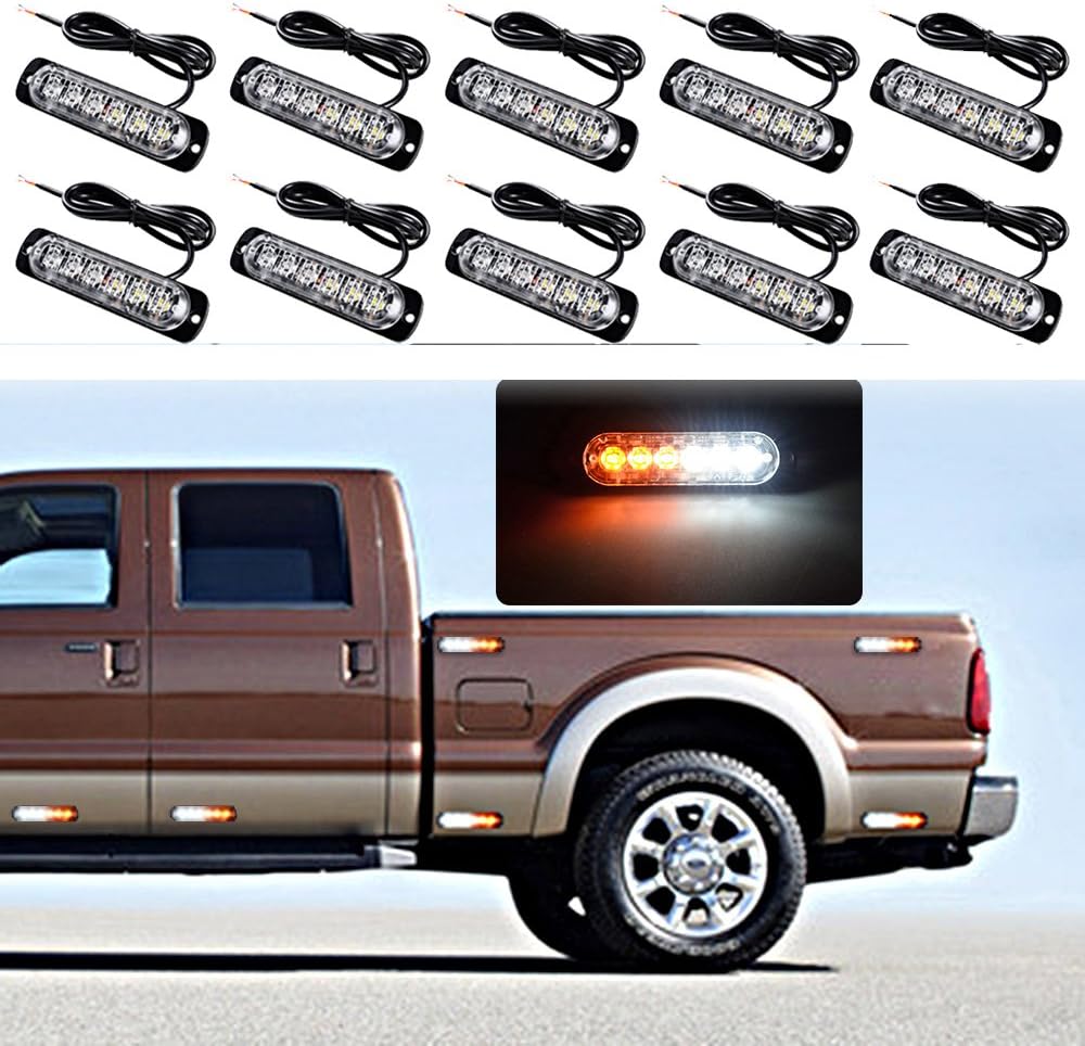 40pcs (20X White Amber + 20X Amber) Ultra Slim 6-LED Surface Mount Car Truck Warning Emergency Construction Strobe Lights