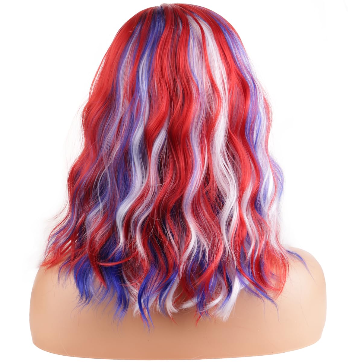 MAGQOO 4th of July Wigs for Women Girls Fourth of July Short Curly Wavy Red Blue White Bob Wig Side Part Independence Day American Flag Costume Synthetic Halloween Cosplay Party Wigs