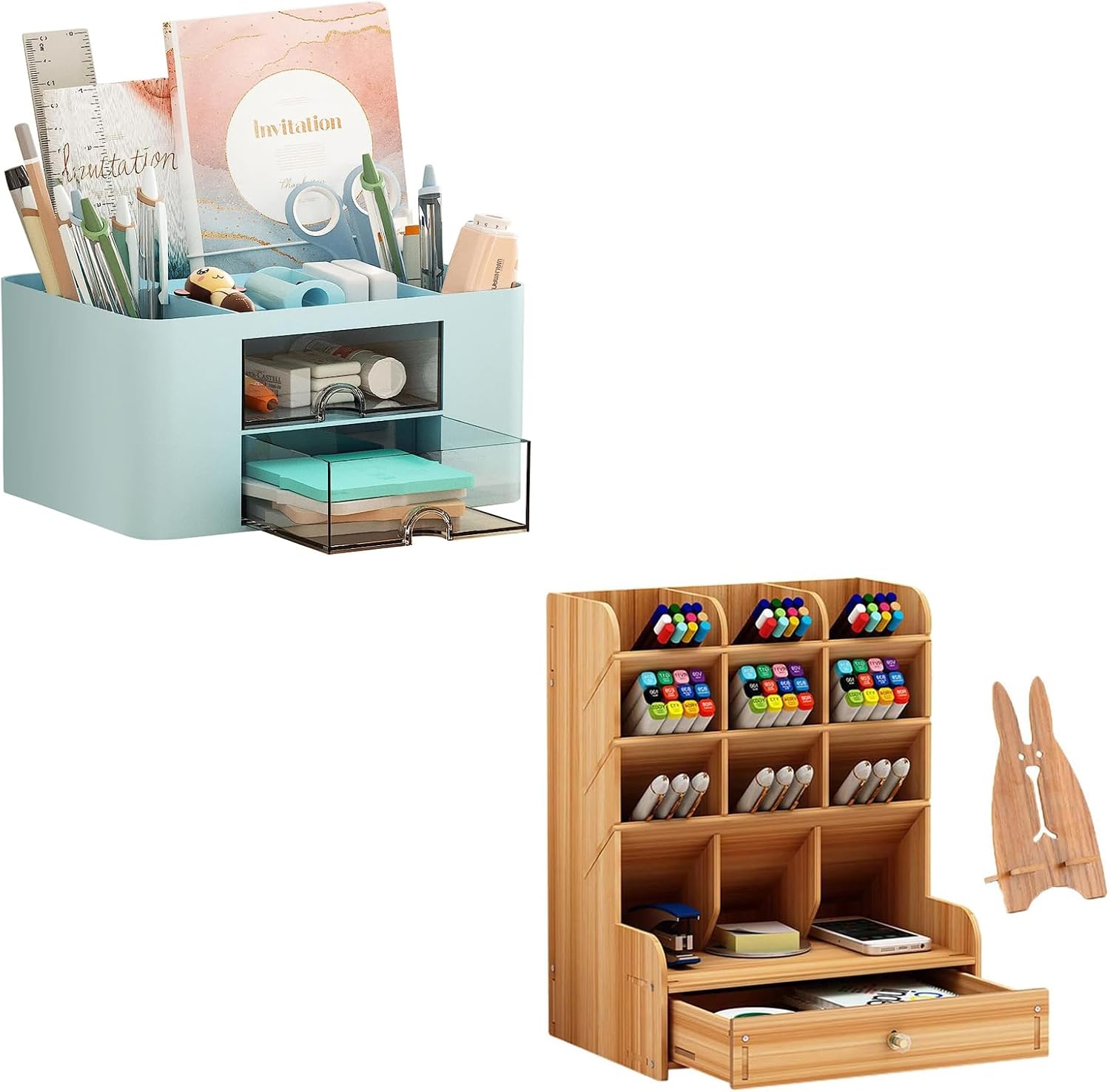 Marbrasse Blue Pen Organizer with 2 Drawer, Wooden Desk Organizer